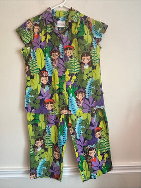The Cat's Pajamas Frida Kahlo Print Pajama Set Size M Green Purple Jungle Print